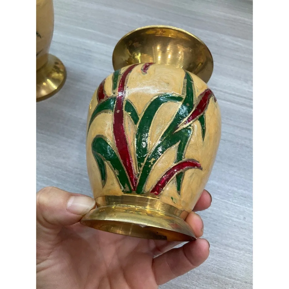 VINTAGE INDIAN BRASS HAND PAINTED ENAMEL JAR PITCHER AND VASE‎